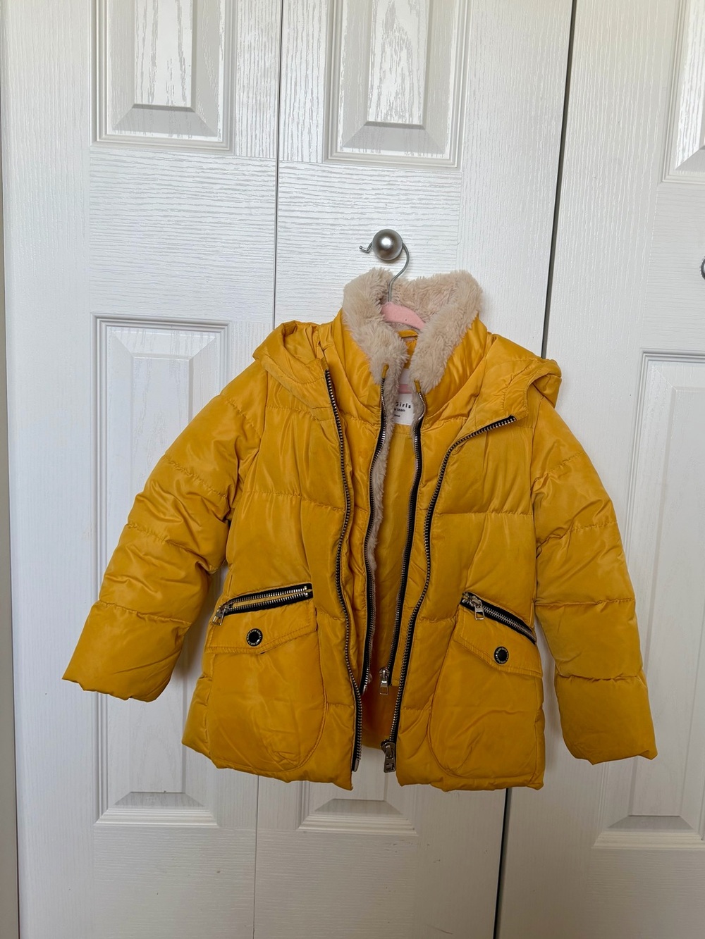 Zara Girls' Mustard Yellow Puffer Jacket with Faux Fur Hood